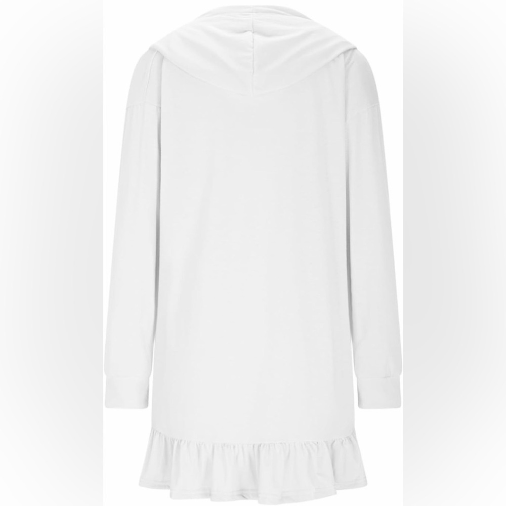 White Long Sleeve Hooded Mini Dress/Cover Up w/ Front Zipper & Ruffle Trim Small - Picture 5 of 7